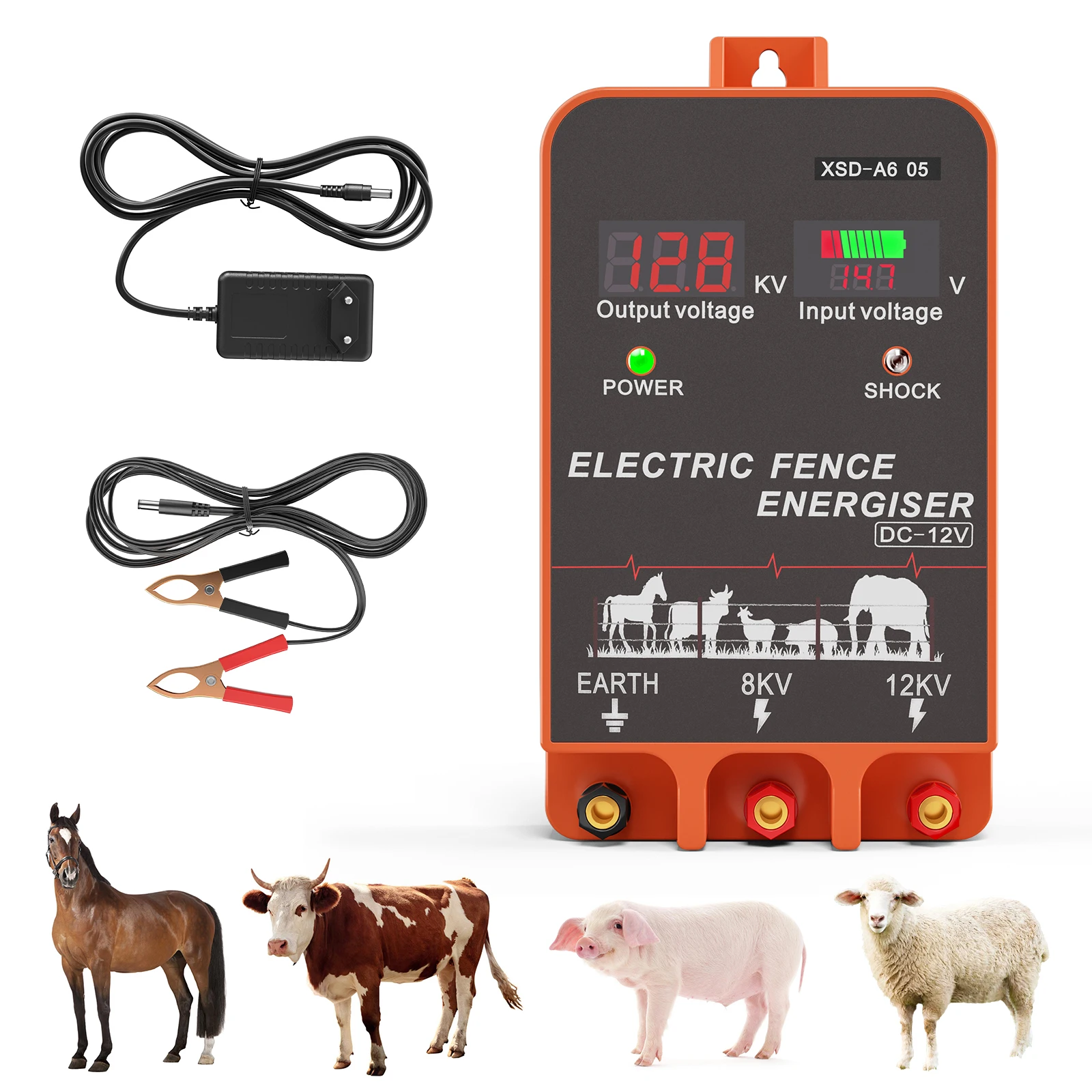 Livestock Fence Energizer 12V - a*-5 KM 電気柵用電源装置、2ジュール、LCDディスプレイ付き、AC 100-240V、DC 12V、家畜（牛、牛群）用。