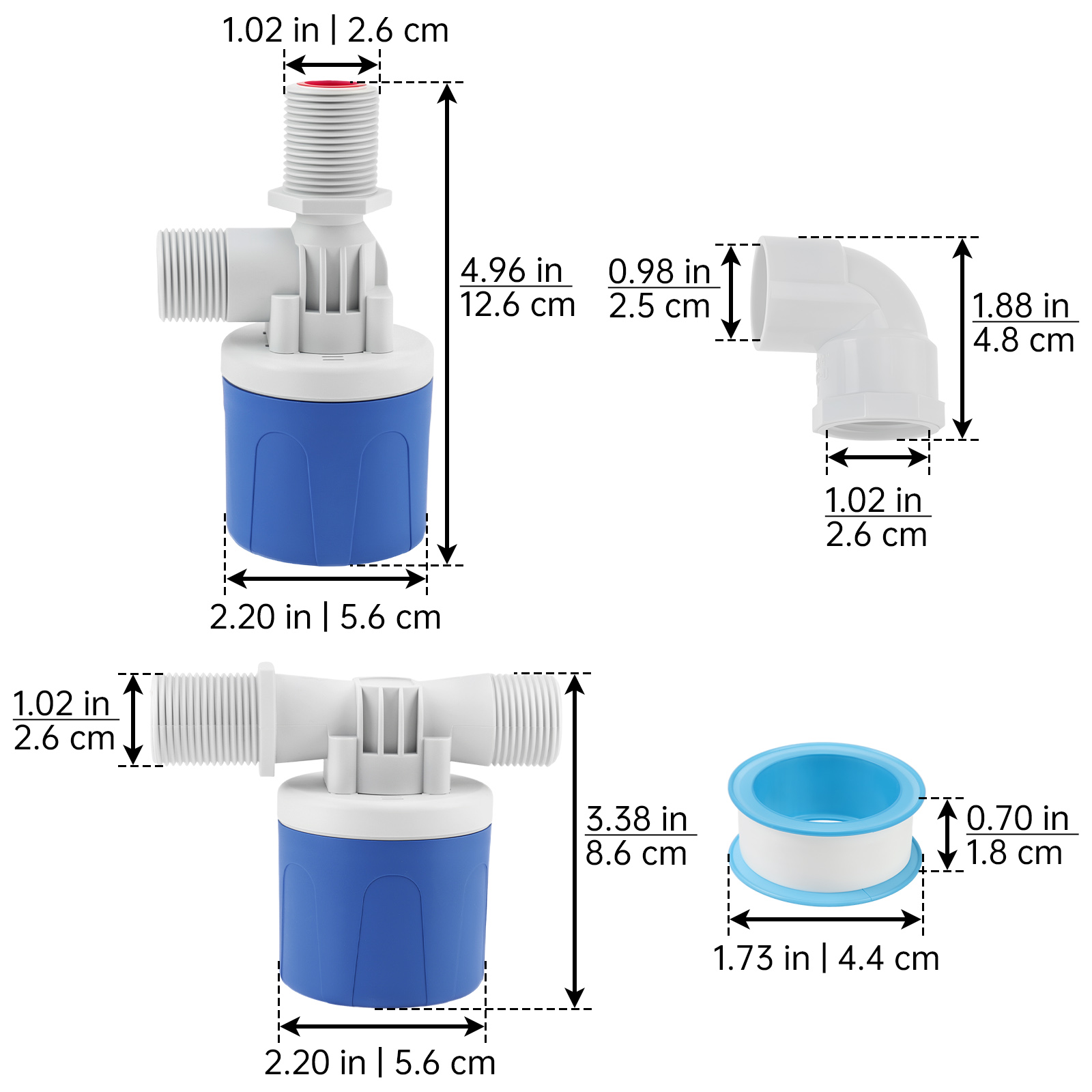 Livestock Water Trough Float Valve - 水槽／水路／プール／家畜用の3/4インチ水浮き弁2個入り。側面または上面からの給水に対応。