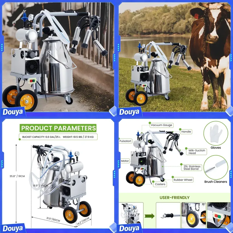 Goat Milking Machine Portable - 牛やヤギ用の電動搾乳機。25Lの304ステンレス製バケツ付き、持ち運び可能な自動脈動式真空搾乳機。