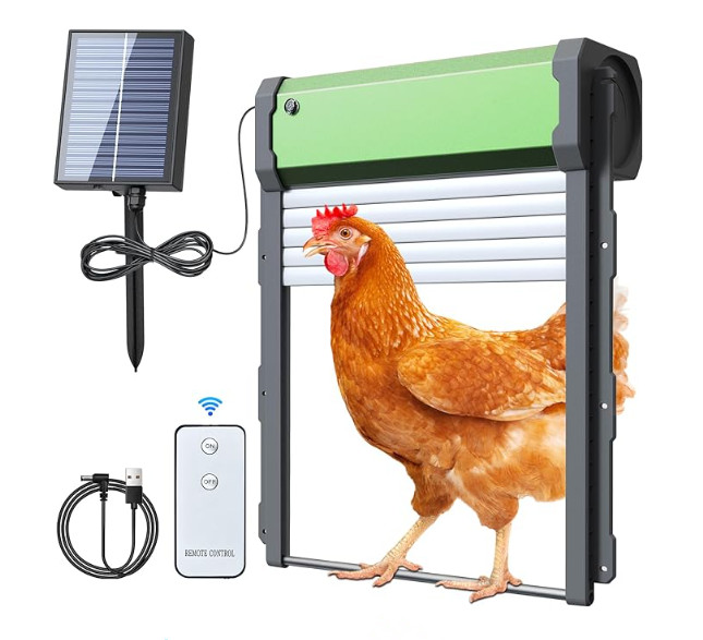 Automatic Chicken Door Opener Solar - 自動鶏小屋ドア ソーラー式オープナー タイマー付き 光センサー リモコン付き 防水・挟み込み防止設計