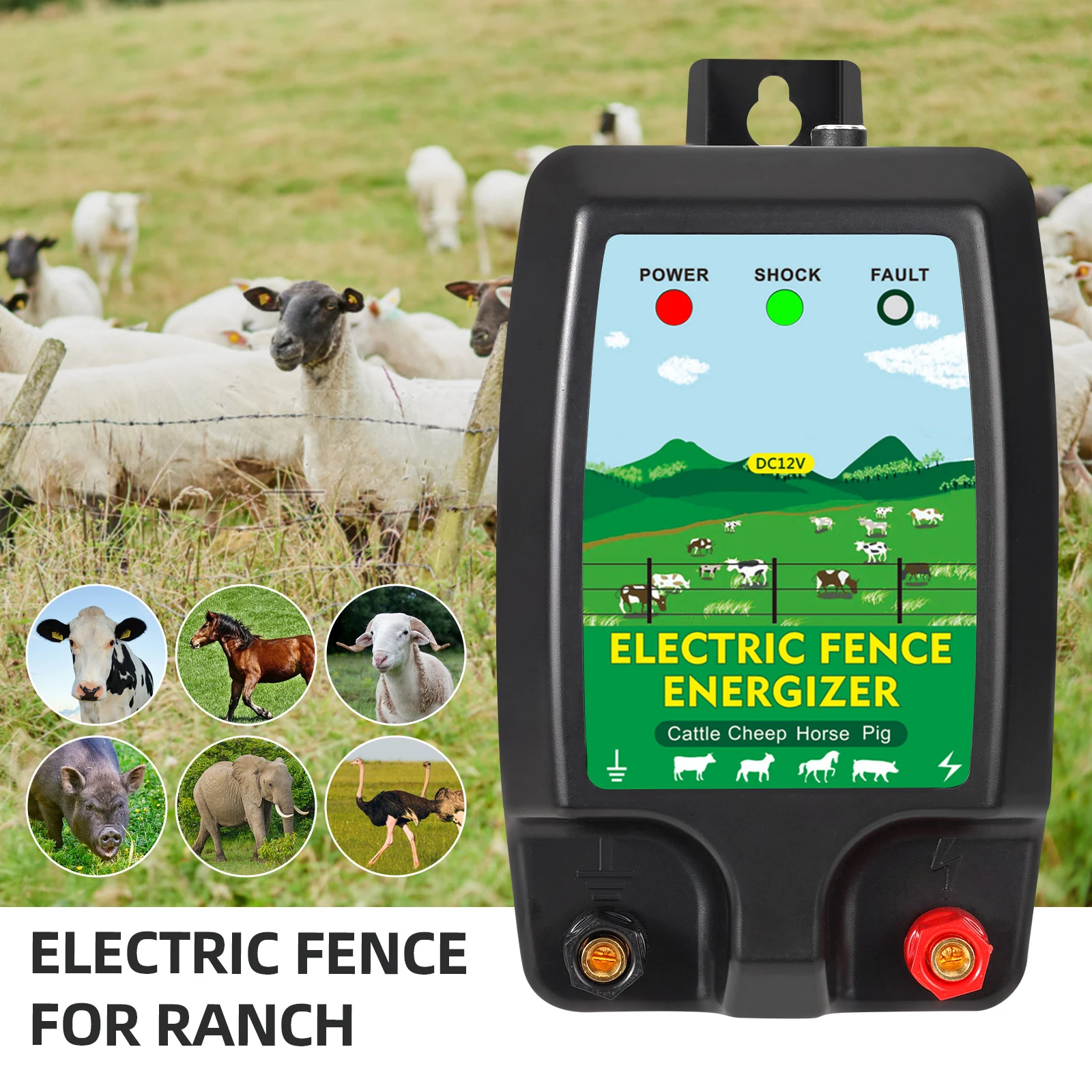 Livestock Fence Energizer 12V - DC 12V 10KM 高電圧電気柵充電器コントローラー、牛馬家禽用家畜用電気柵、アラームなし