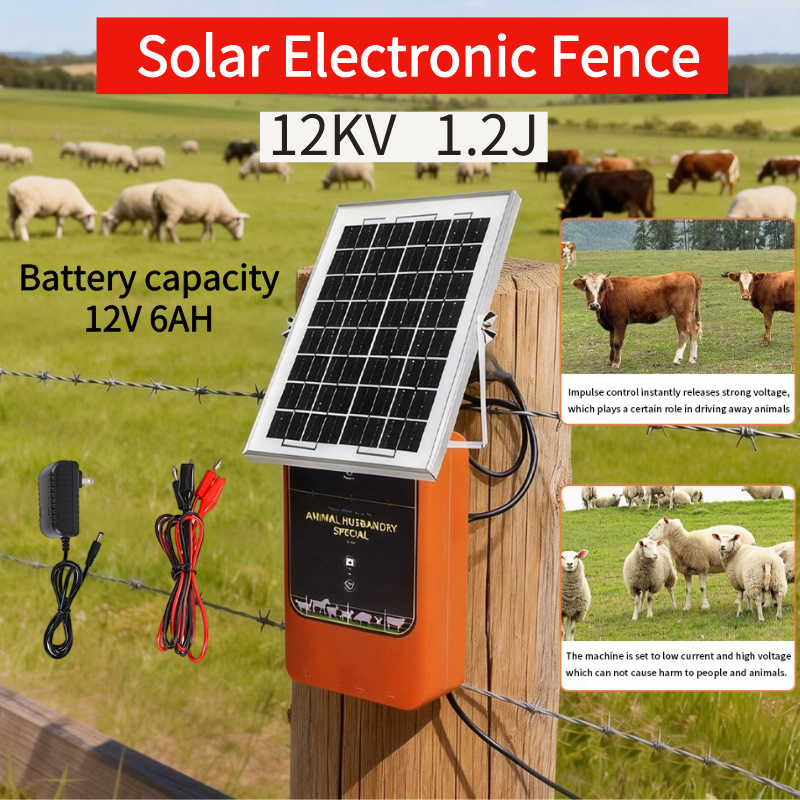 Livestock Fence Energizer 12V - 12V 6AH 12KV 1.2J 10KM ソーラー式電気柵エナジャイザー、牛・羊などの家畜農場用ミニパルスフェンスコントローラー