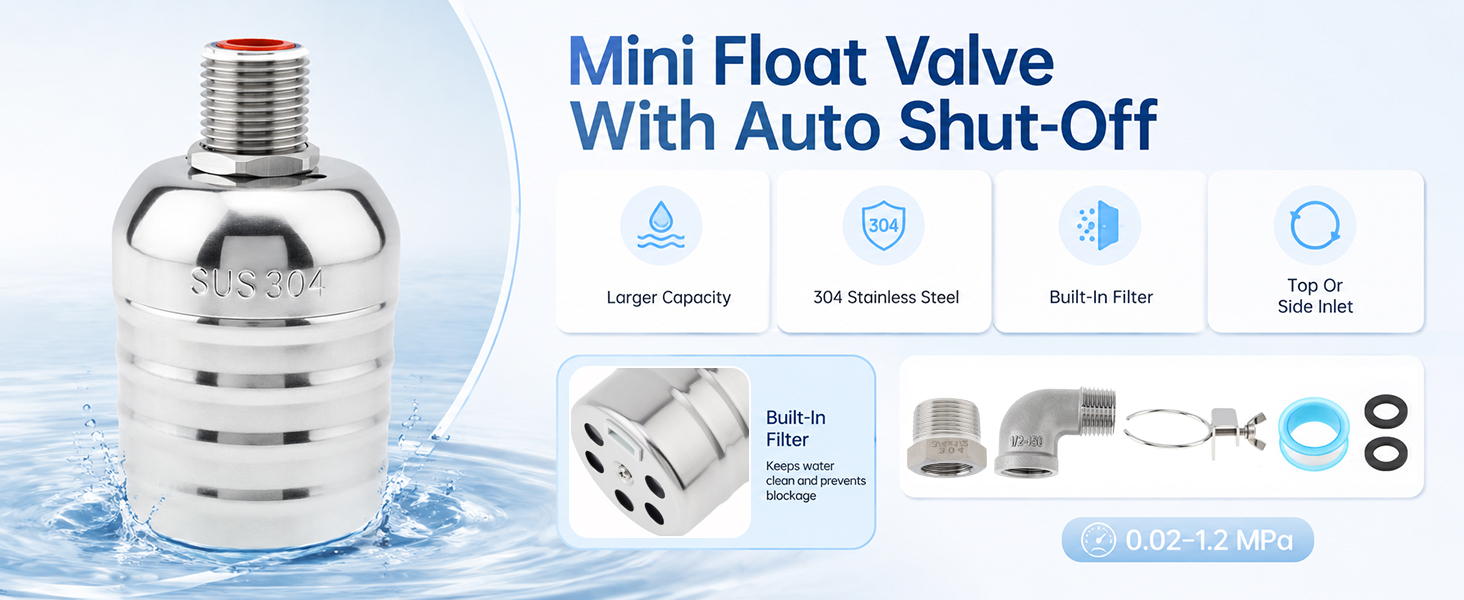 Livestock Water Trough Float Valve - 1/2インチおよび3/4インチの自動式304ステンレス製水位制御バルブ。タンク、家畜用給水槽、魚池などに使用。
