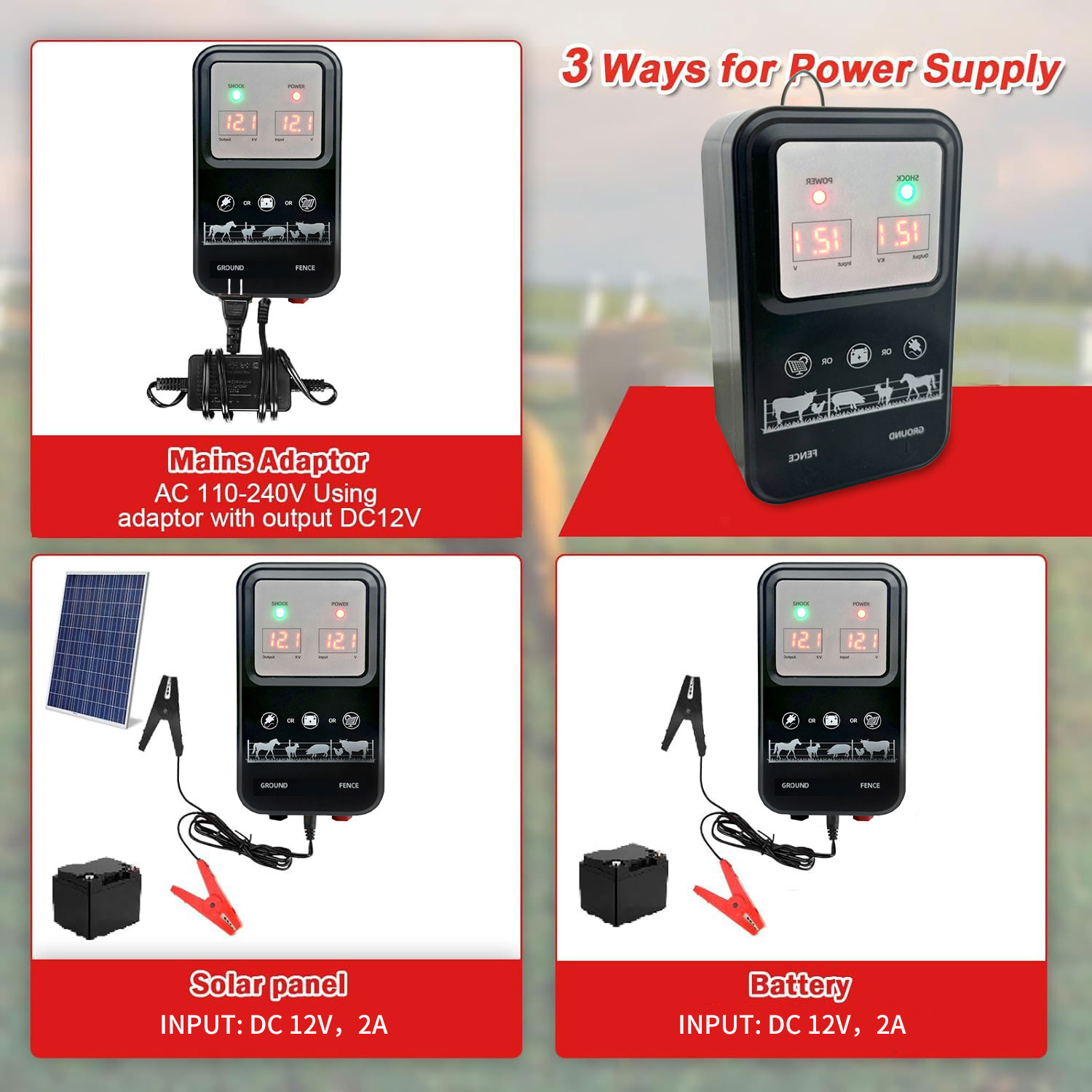 10KM電気柵用電源装置 1.5ジュール LCDディスプレイ - Livestock Fence Energizer 12V のレビューと価格